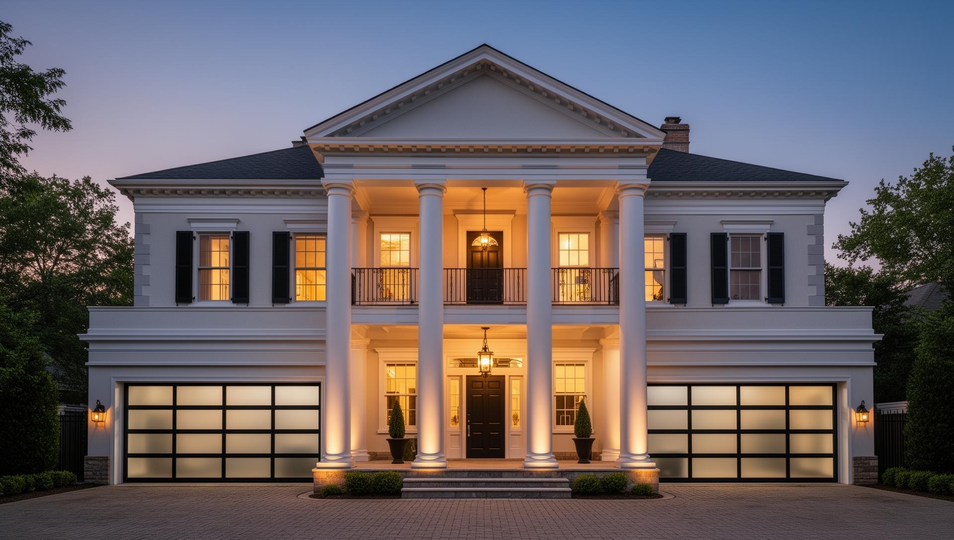 Beautiful Georgian mansion with modern glass and aluminum garage doors at dusk